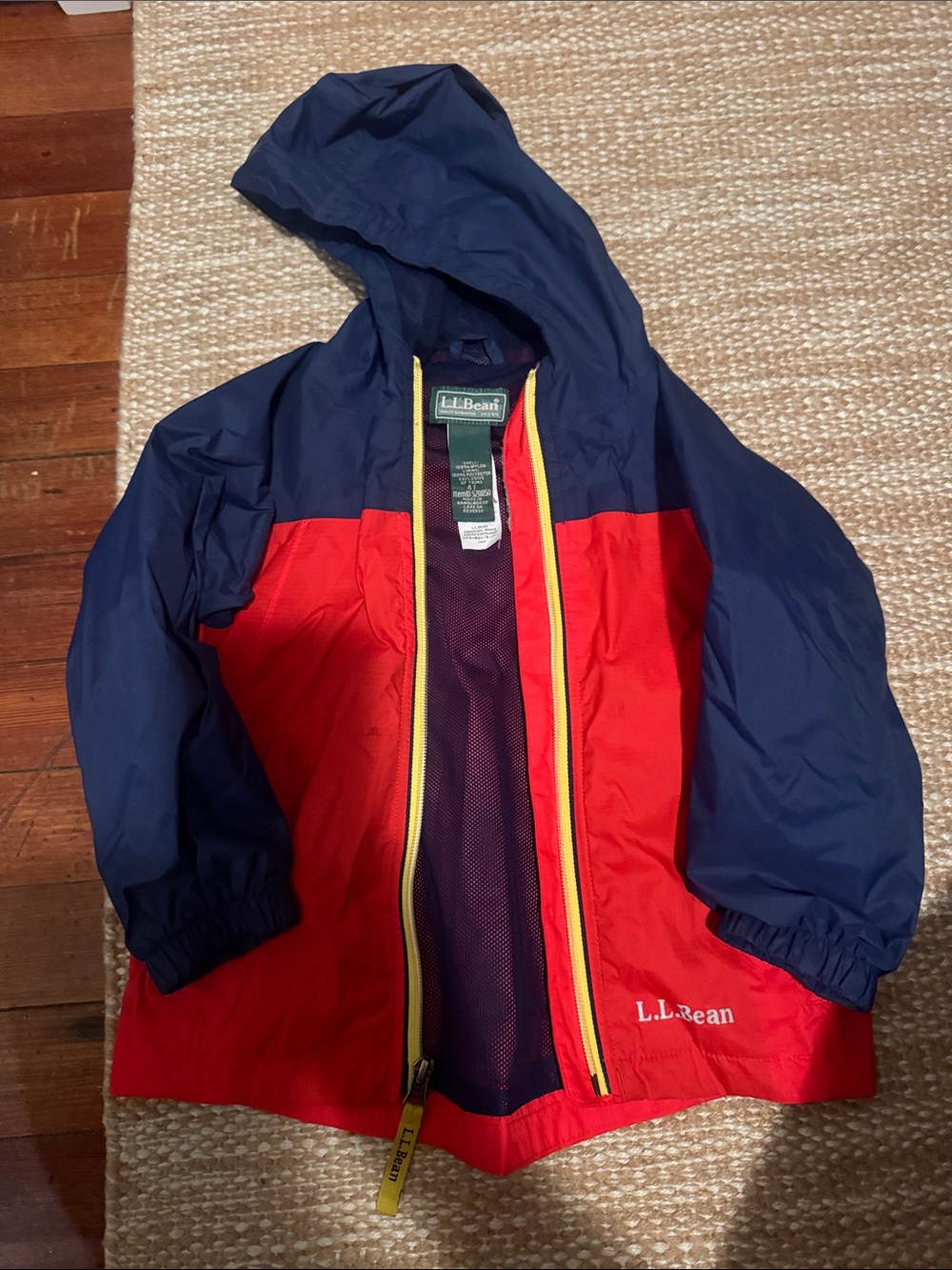 L.L. Bean Red and Navy Kids' Hooded Rain Jacket with Yellow Trim